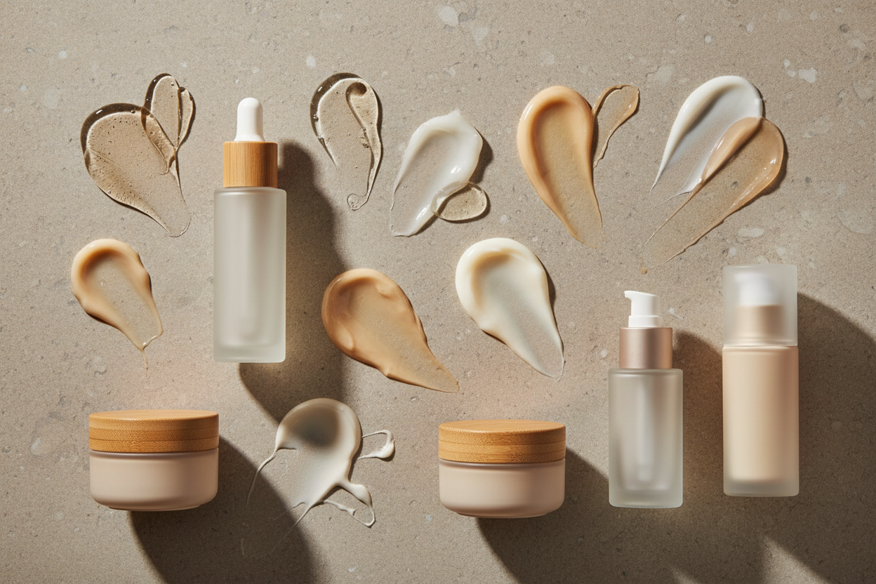 Flatlay of Asian skincare products showing different textures and finishes including serums, creams and sunscreens on a neutral stone surface