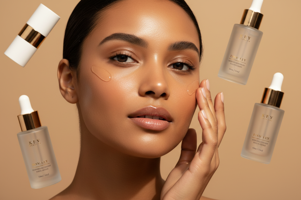 Southeast Asian woman with glowing skin applying skincare, surrounded by elegant skincare products on a warm beige background