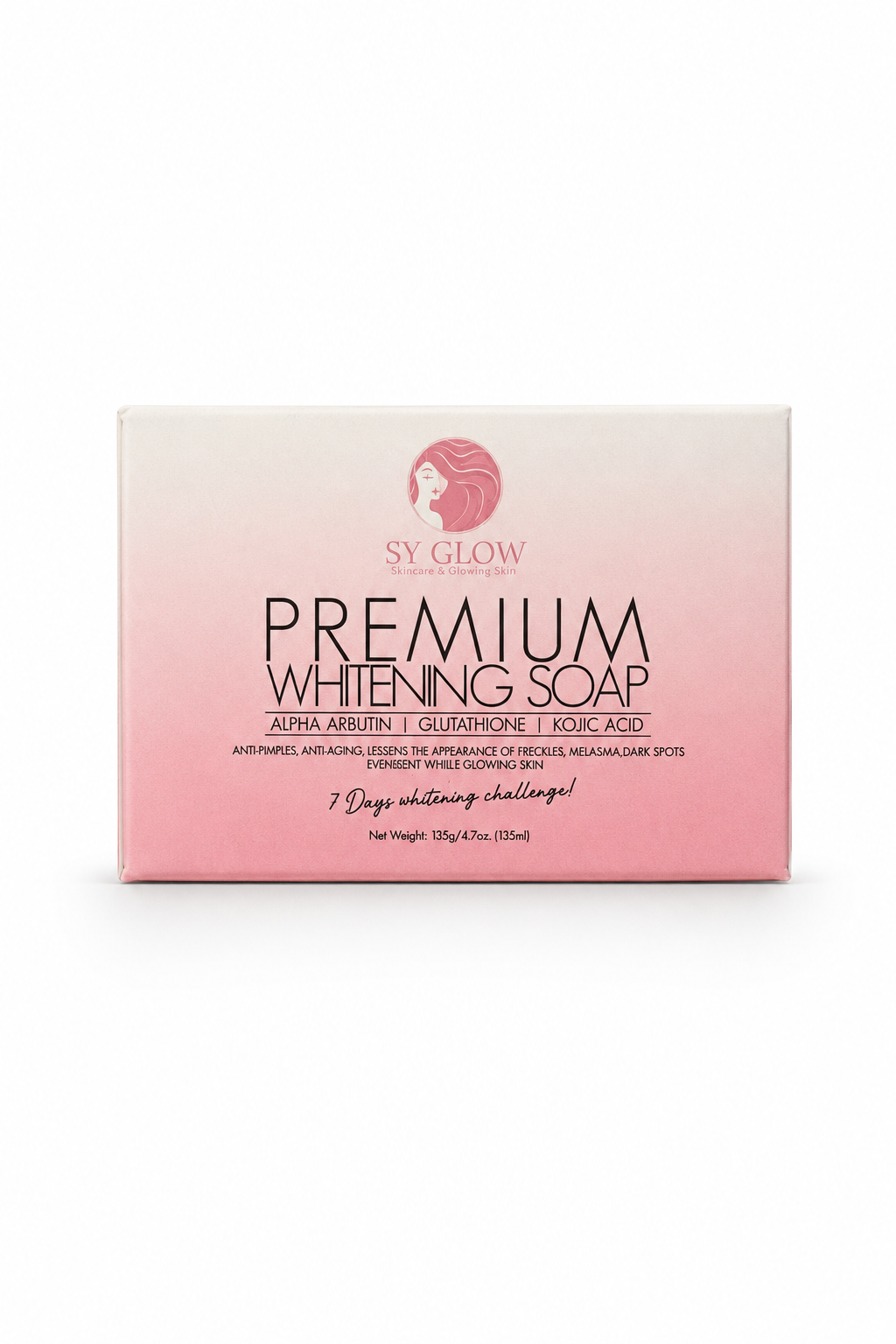 Two SY Glow Premium Face and Body Soap bars in white packaging, labeled as 135g bar soap for face and body.
