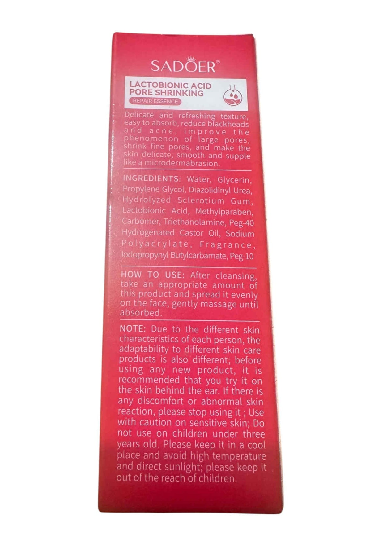 Red package with white text on a white background