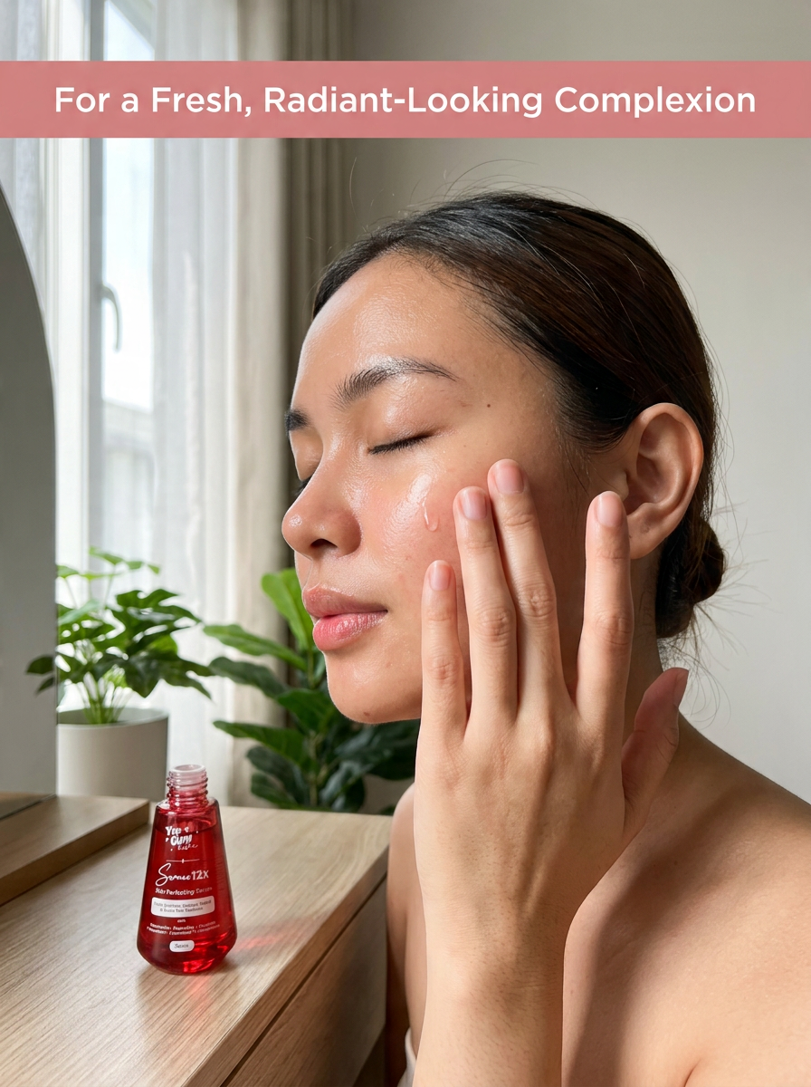 A woman with closed eyes applies a glossy red skincare cream to her cheek, with a matching red bottle resting on a wooden vanity table in the foreground. A pink banner at the top reads, 'For a Fresh, Radiant-Looking Complexion'.