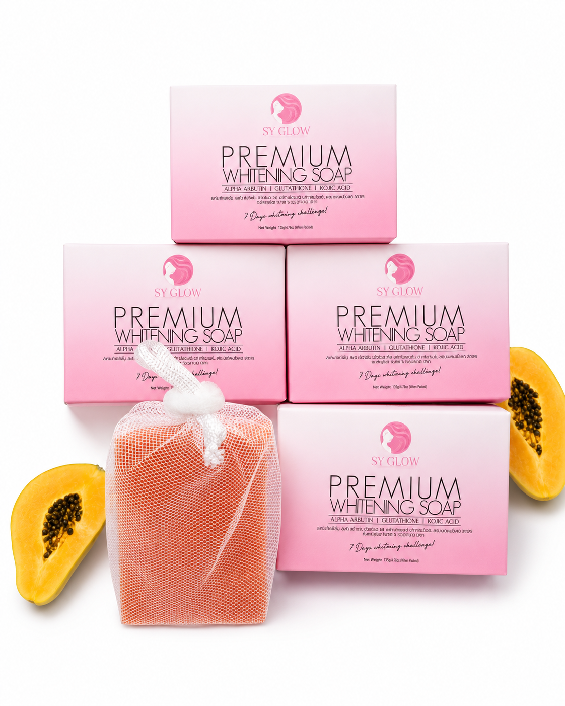 Two SY Glow Premium Face and Body Bar Soaps in 135g each, showcasing their sleek packaging and clean design.