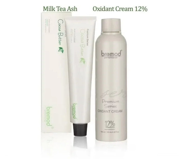 Bremod Milk Tea Ash Premium Series cocoa butter hair dye kit with 100ml hair color and 12% oxidant cream for salon-quality coloring