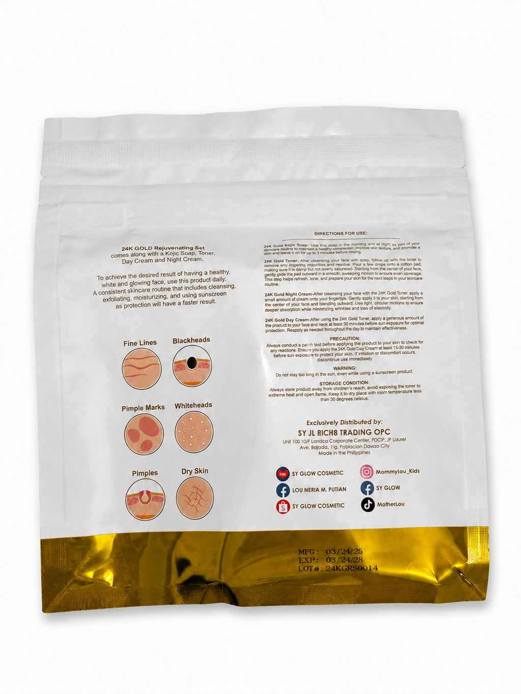 A white resealable pouch with a metallic gold bottom band, photographed on a white background. The back of the pouch shows printed product information, ingredient text, and small skin-care diagram icons.