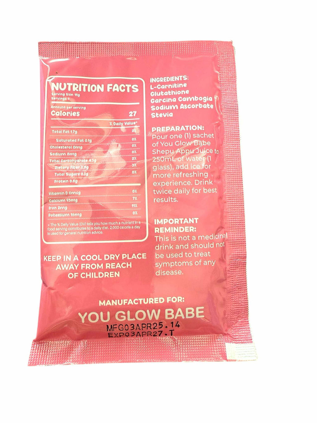 Pink packet with nutritional information and branding on a white background