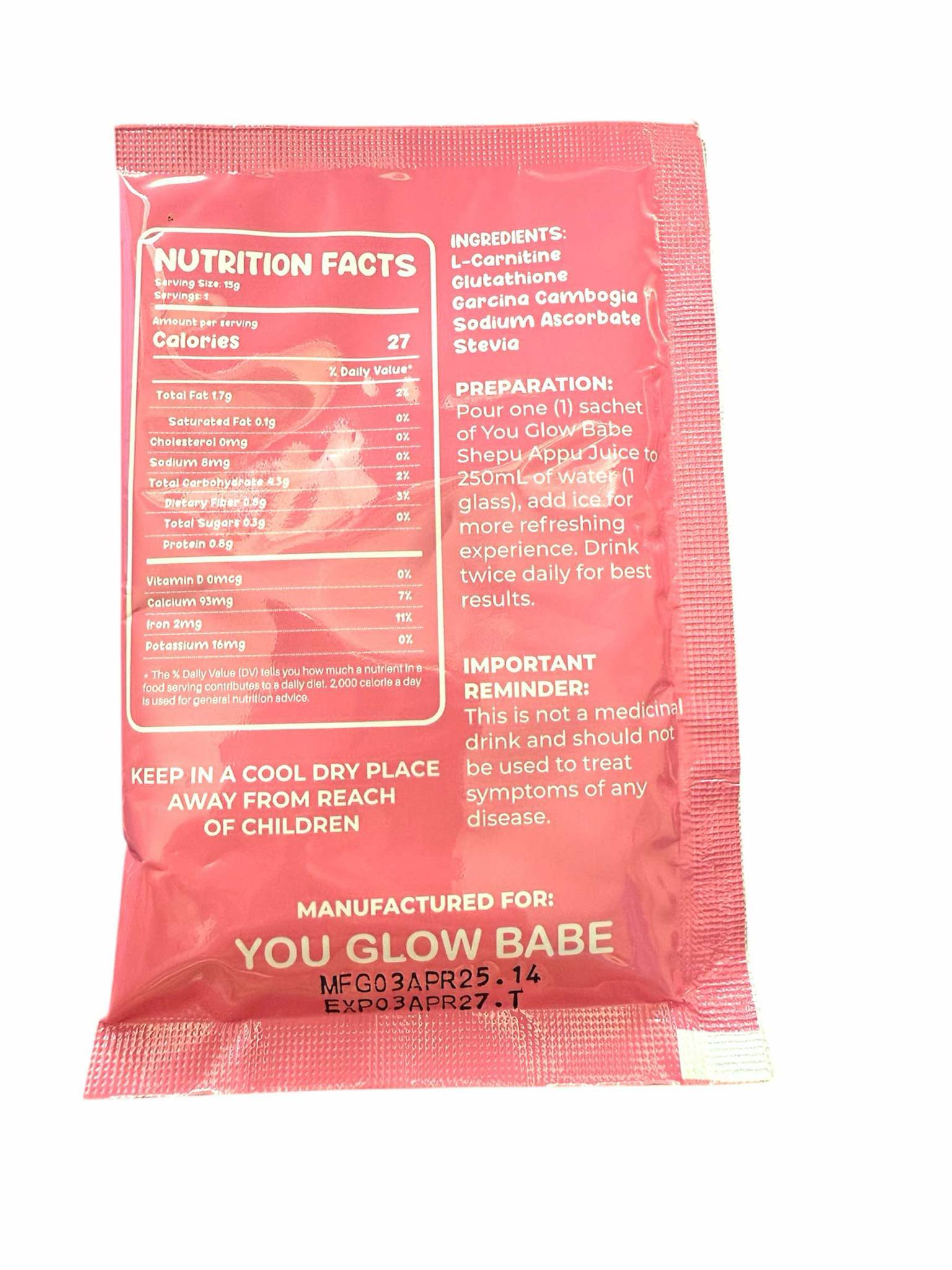 Pink packet with nutritional information and branding on a white background