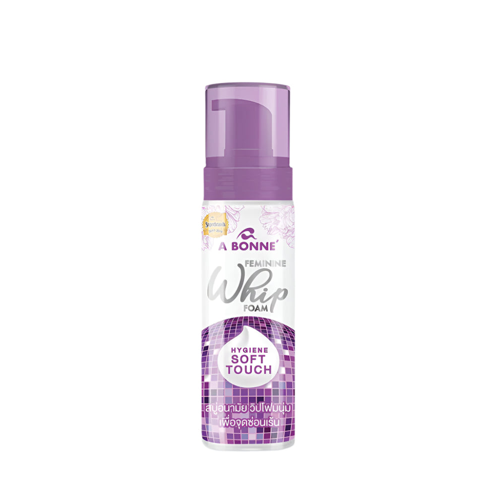 A Bonne feminine wash gel and foam for sensitive skin, featuring a clean, gentle formula in a white and pink bottle.