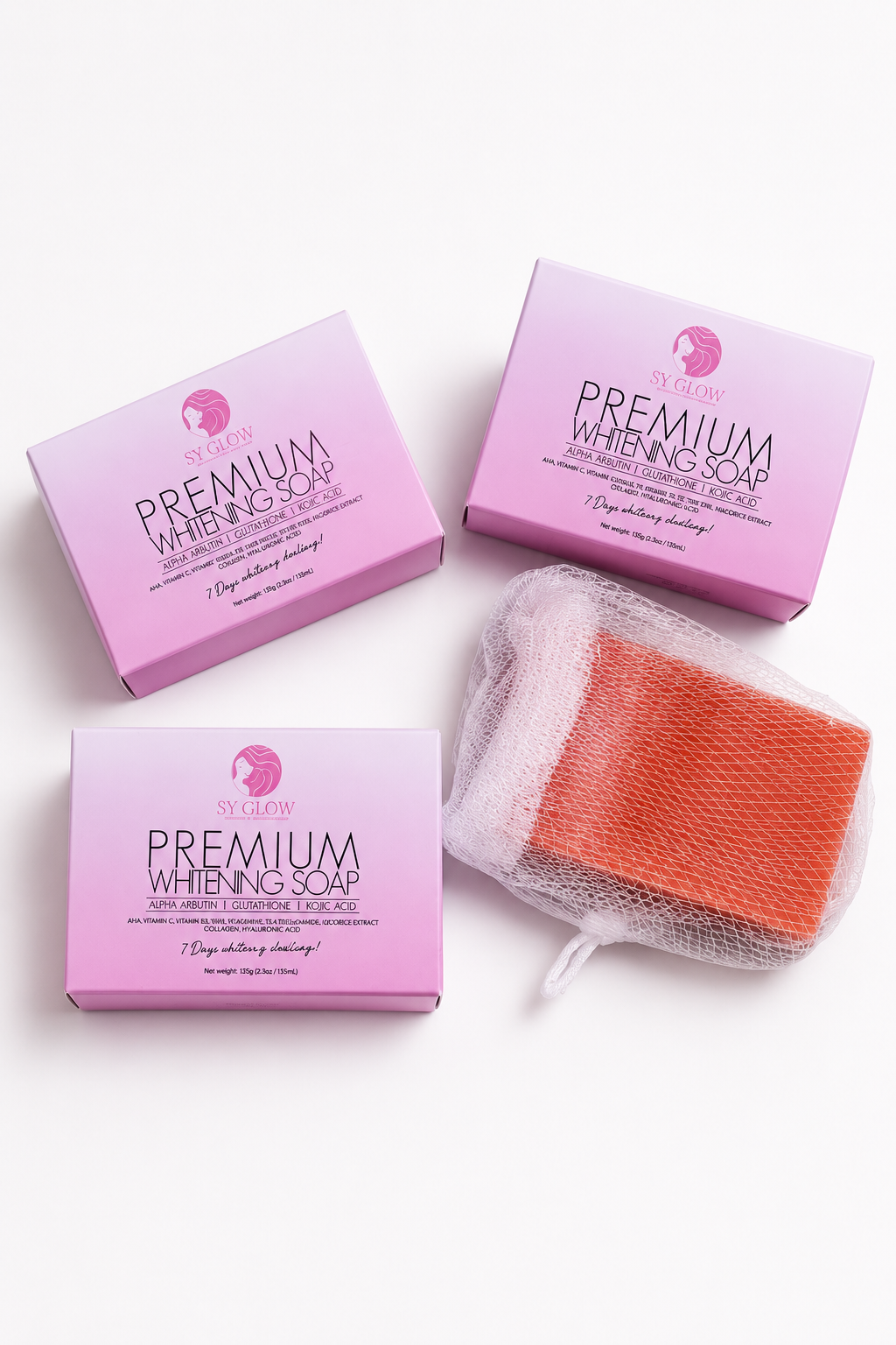 Two SY Glow Premium Face and Body Soap bars in 135g packaging, showing the bar soap with branding and fresh, clean appearance.