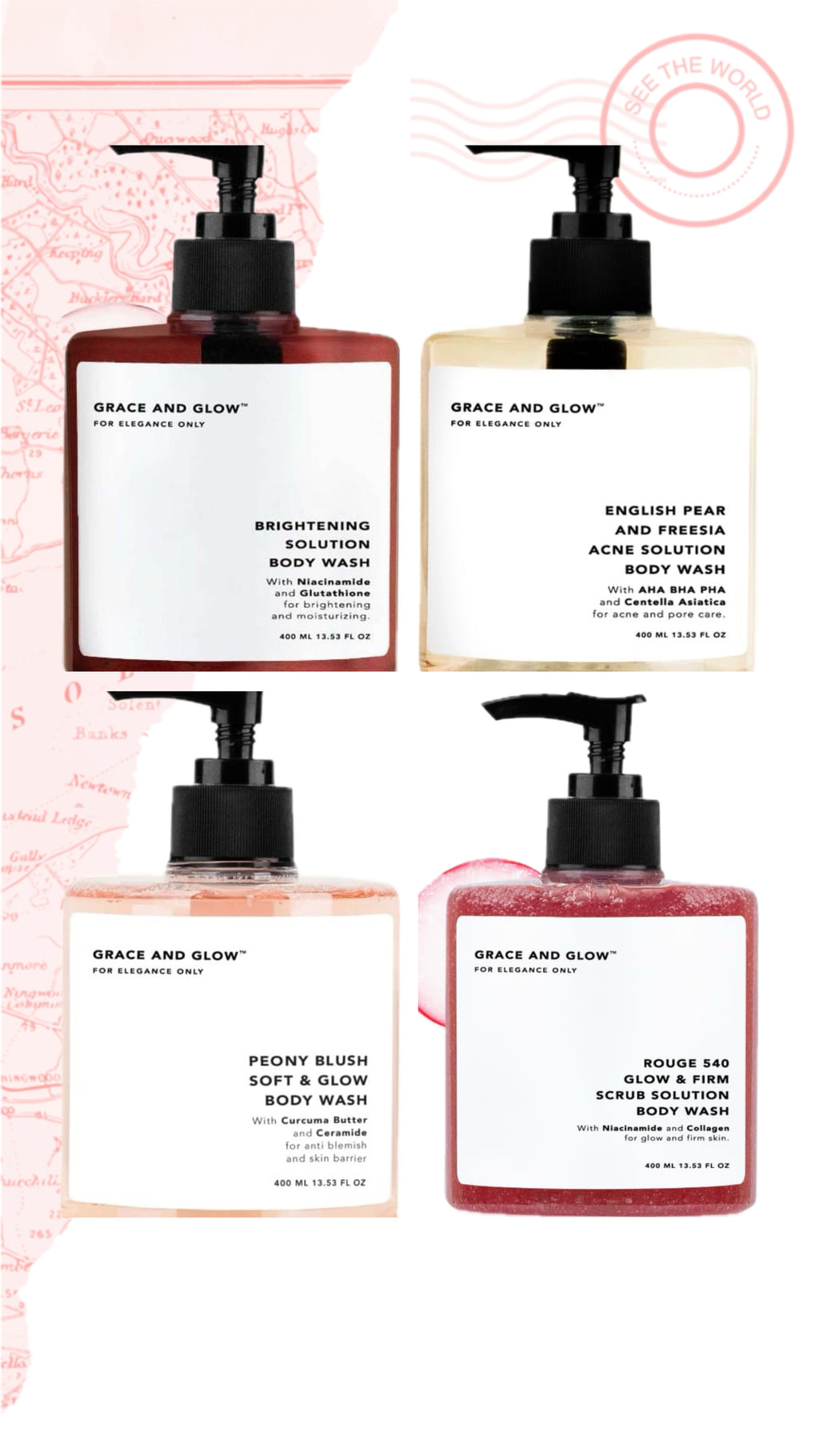 Grace and Glow hydrating body wash in 400ml bottle, showcasing a sleek container with the product label visible.