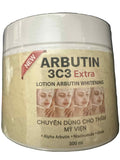 Abutin 3C£ Arbutin Brightening Body Cream with dark spot care, showing smooth cream texture in a jar.