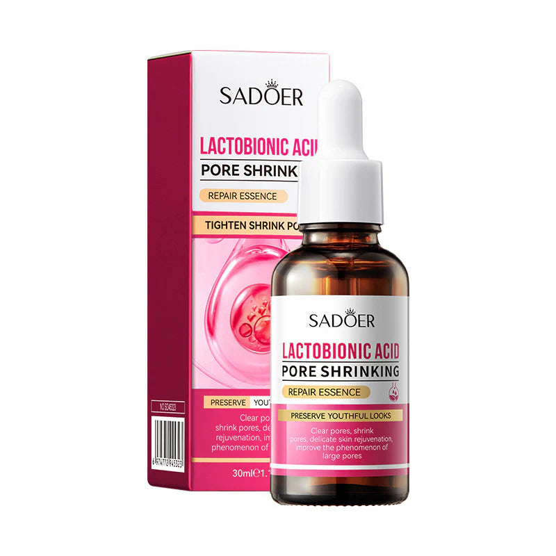 Sadoer Lactobionic Acid Pore Shrink repair essence bottle and packaging on a white background
