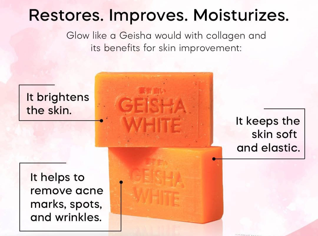 Geisha White Radiance Bar Soap 65gx2 with even tone treatment, showing two white soap bars with branding and smooth surface.