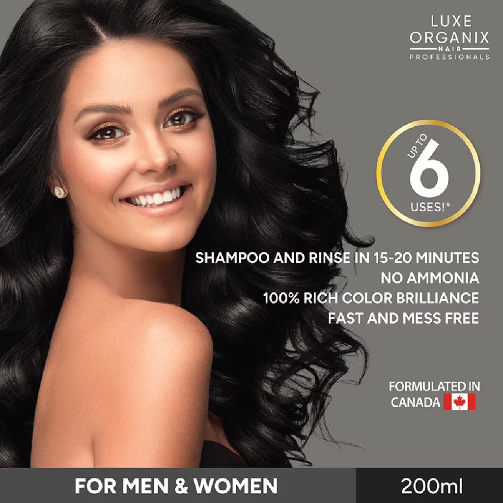 Advertisement for Luxe Organix hair care product with a woman and product details.