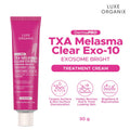 Luxe Organix TXA Melasma Clear Exo-10 treatment cream tube on a white background