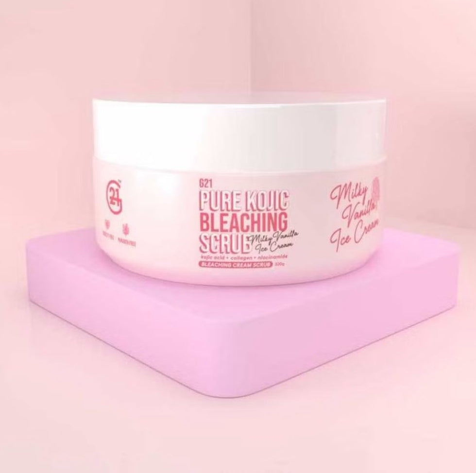 White jar with pink text on a pink platform against a light pink background