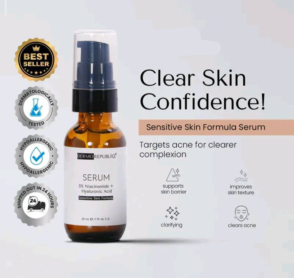 Dermorepublió serum bottle with branding and product features on a light gray background