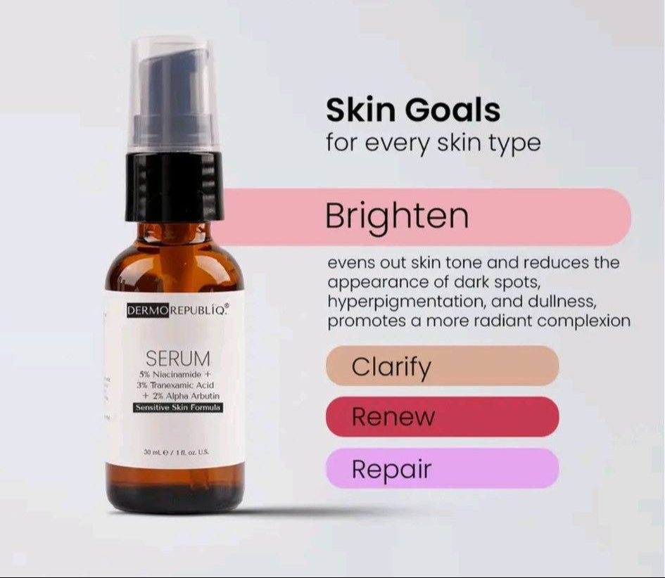 DermoRepubliq serum bottle with text on skin goals and benefits on a light gray background