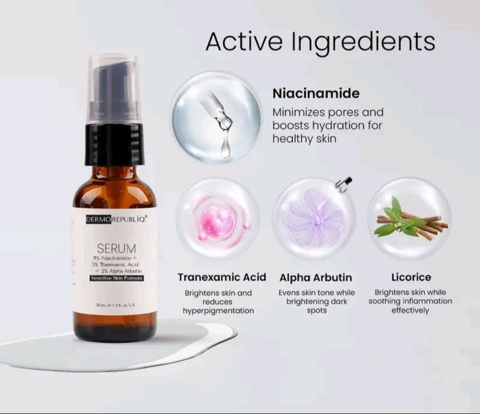 Serum bottle with active ingredients listed on a light gray background