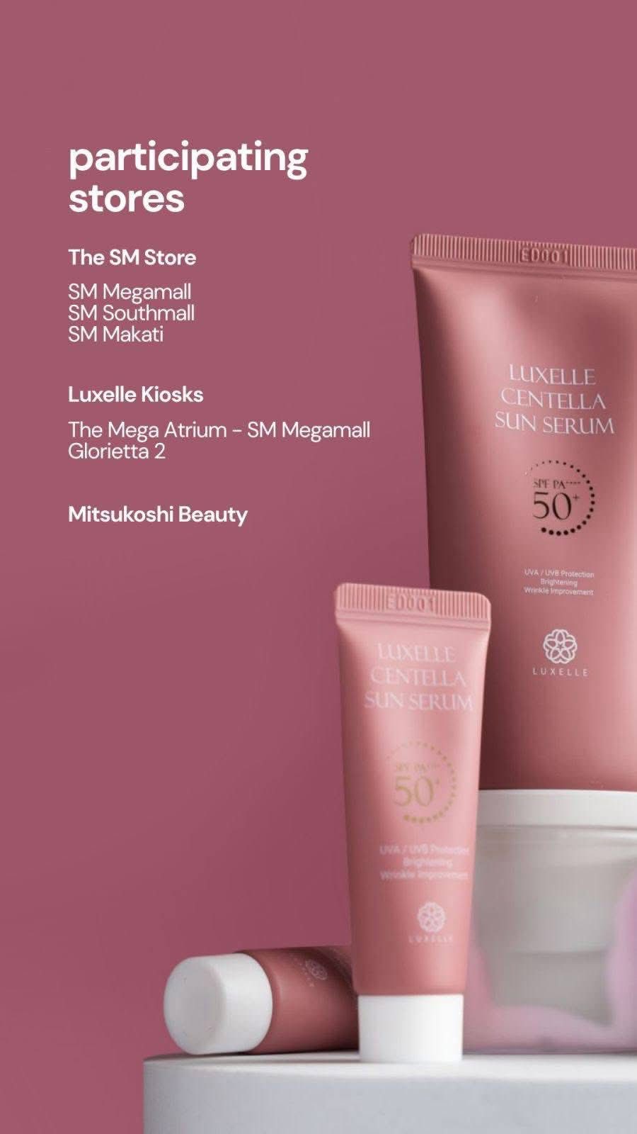 Sun serum bottles with a pink background and store information.
