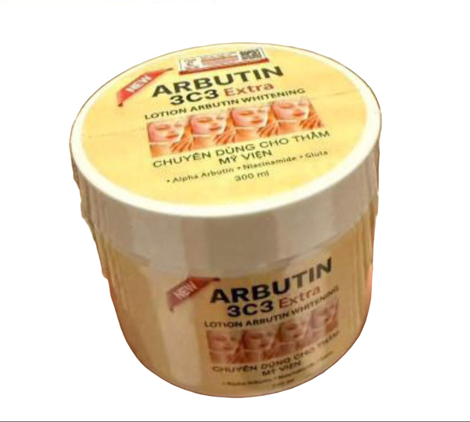 Abutin 3C£ Arbutin Brightening Body Cream for dark spot care, showing the cream jar with label and smooth texture.
