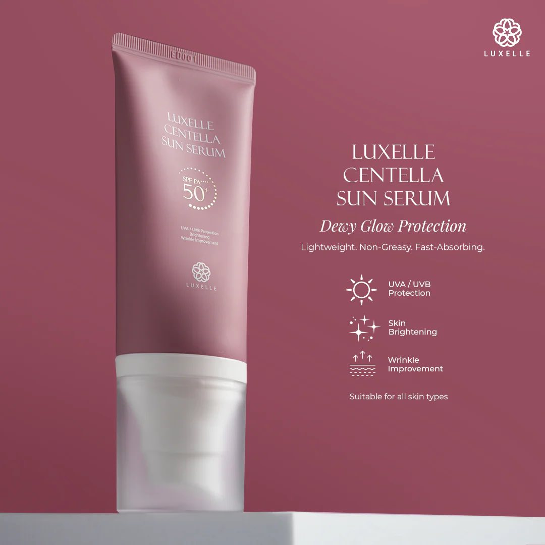 Luxelle Centella Sun Serum tube on a maroon background with product details.