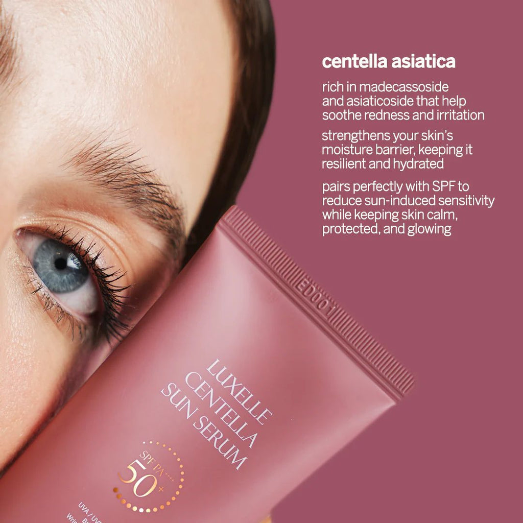 Luxelle Centella Sun Serum tube with a close-up of a person's eye on a pink background