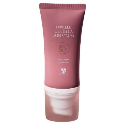 Pink sun serum tube with white text on a white background
