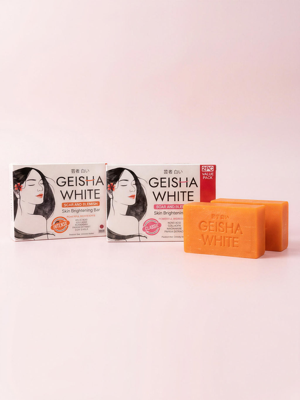 Geisha White Radiance Bar Soap with even tone treatment, two 65g bars for brightening and skin radiance.