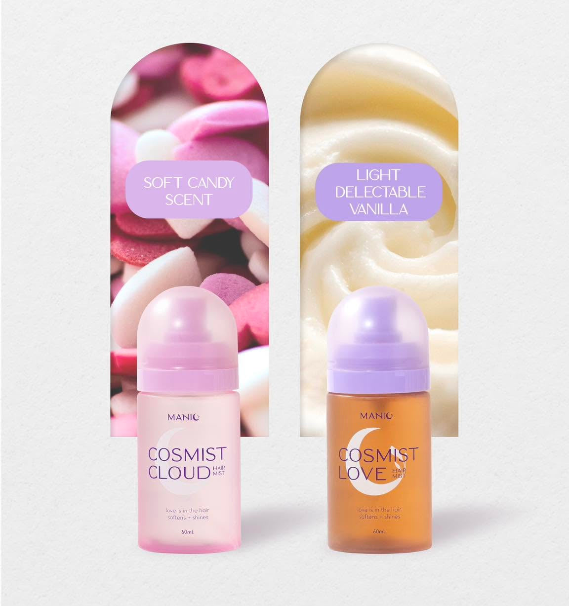 Two MANIC Cosmist Cloud roll-on deodorants, 'Soft Candy Scent' in pink and 'Light Delectable Vanilla' in vanilla-beige, displayed side-by-side with graphic background panels.