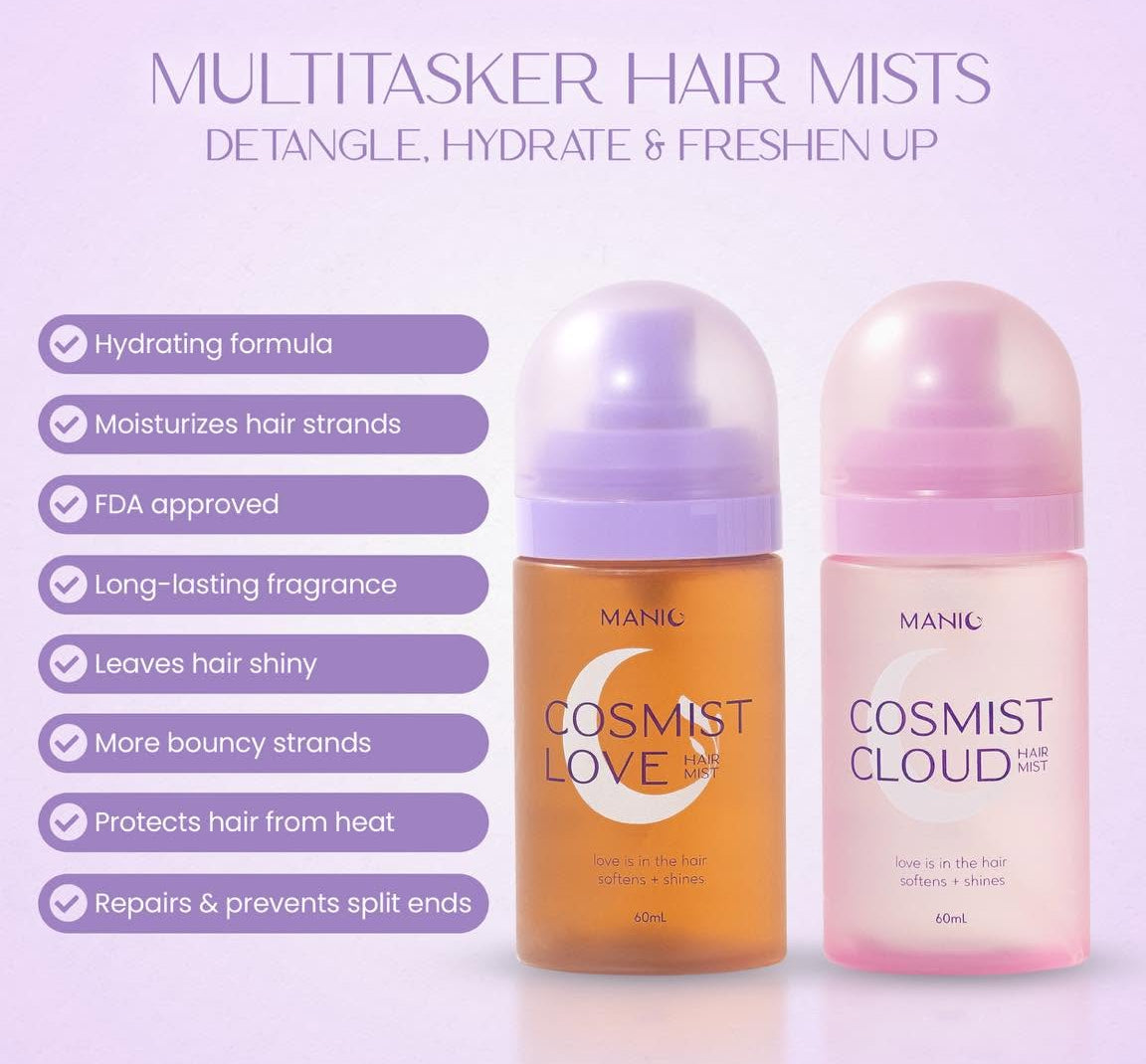 Two MANIC Cosmist hair mists, 'Cosmist Love' in amber and 'Cosmist Cloud' in pale pink, displayed side-by-side on a light purple background with promotional text and badges.