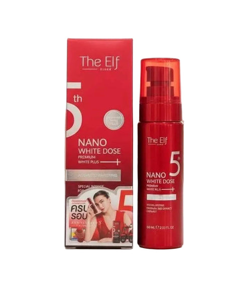 The Elf Nano Radiance Dose Serum 60ml, a clear serum in a glass bottle, designed for skin luminosity and renewal.