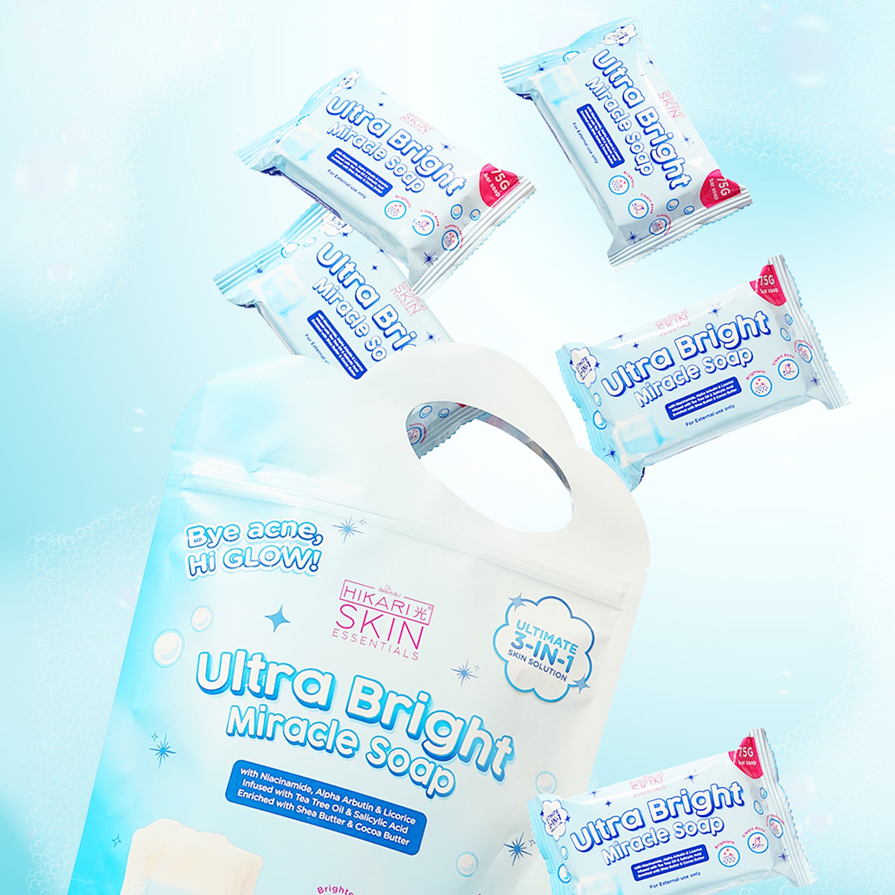 Hikari Skin Clarifying Cleansing Bar, a face and body soap, displayed in a set of five 75g bars with clean packaging.
