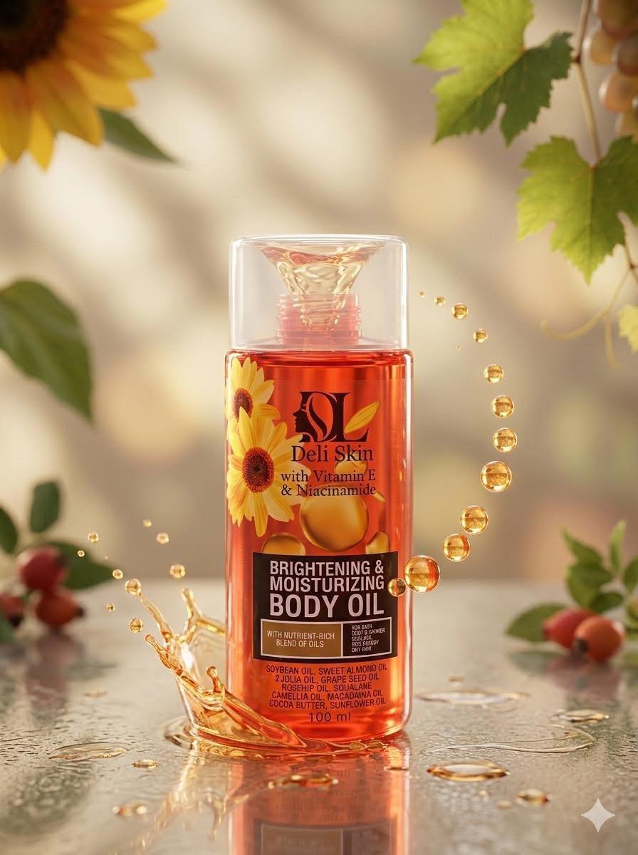 Deli Skin moisturizing body oil with Vitamin C and Niacinamide, showcasing a sleek bottle and glowing skin.