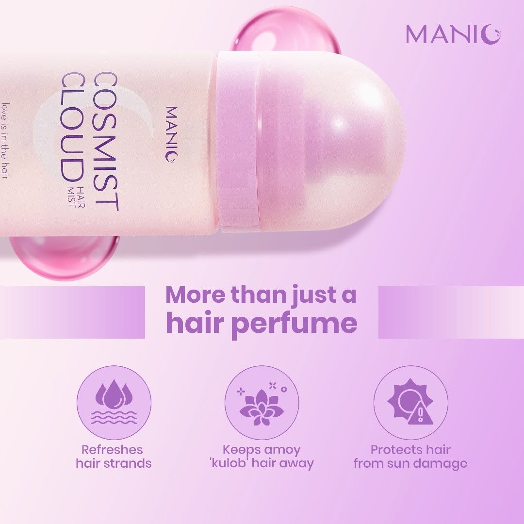 MANIC Cosmist Cloud Hair Mist bottle shown on a soft pink and purple gradient background with promotional text and three benefit icons below.
