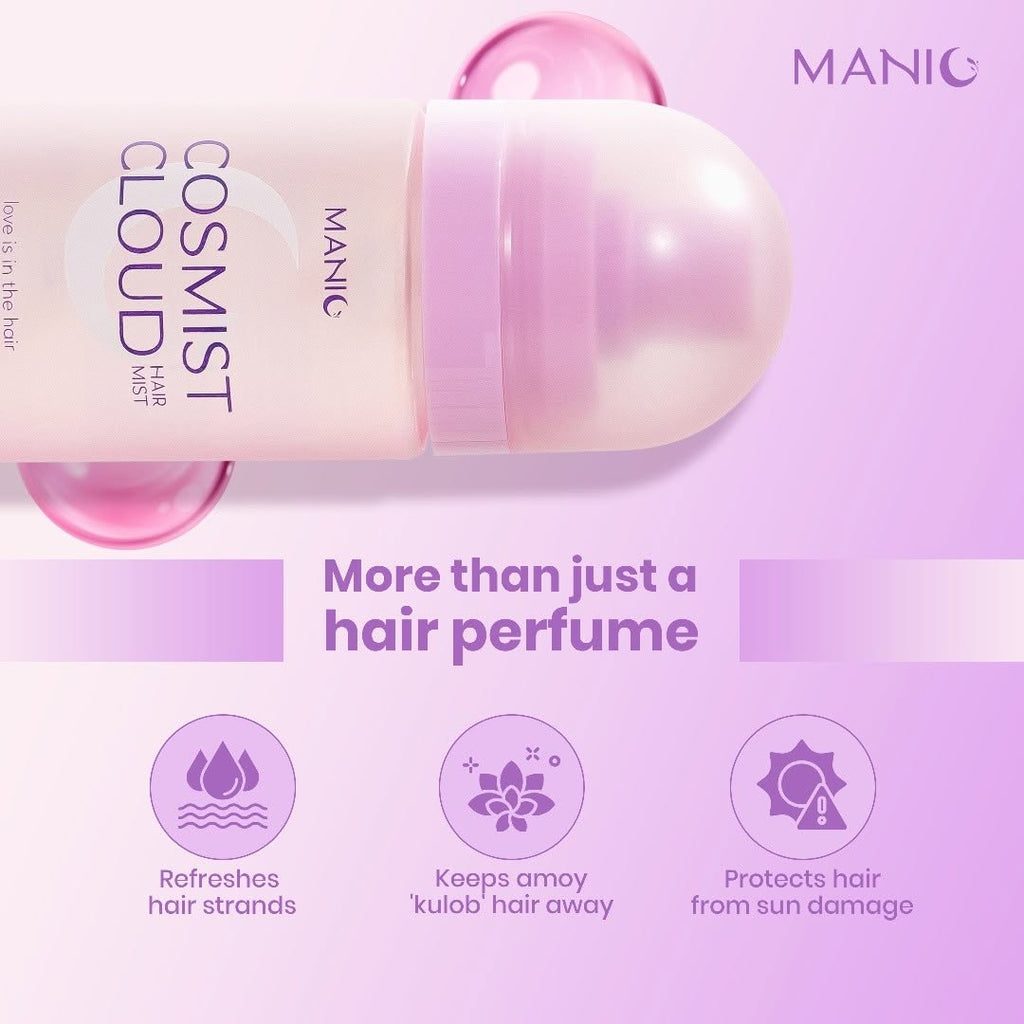 MANIC Cosmist Cloud Hair Mist bottle shown on a soft pink and purple gradient background with promotional text and three benefit icons below.