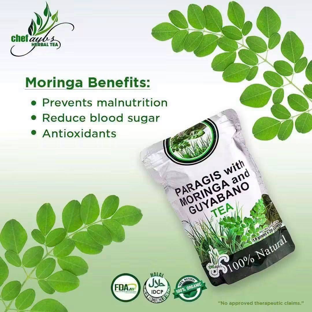 Tea package with Moringa and Guayabano on a green background with Moringa leaves.
