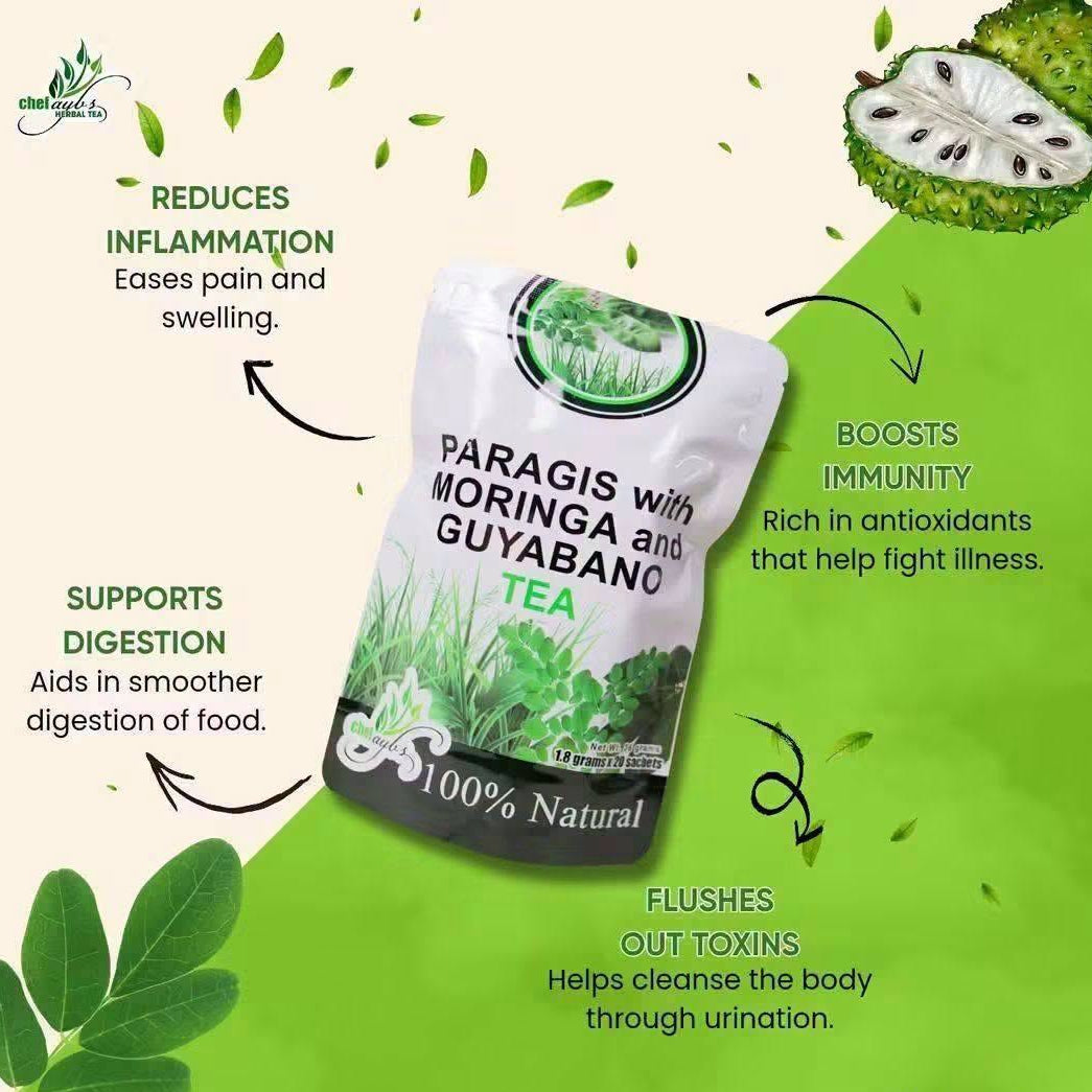 A stand-up pouch of Parasis with Moringa and Guyabano Tea is centered on a split beige and bright green background with decorative leaves and text callouts about health benefits. The pouch is white and green with black lettering, and the brand name Chefaybisparagis is visible in the top left and as a website at the bottom right.