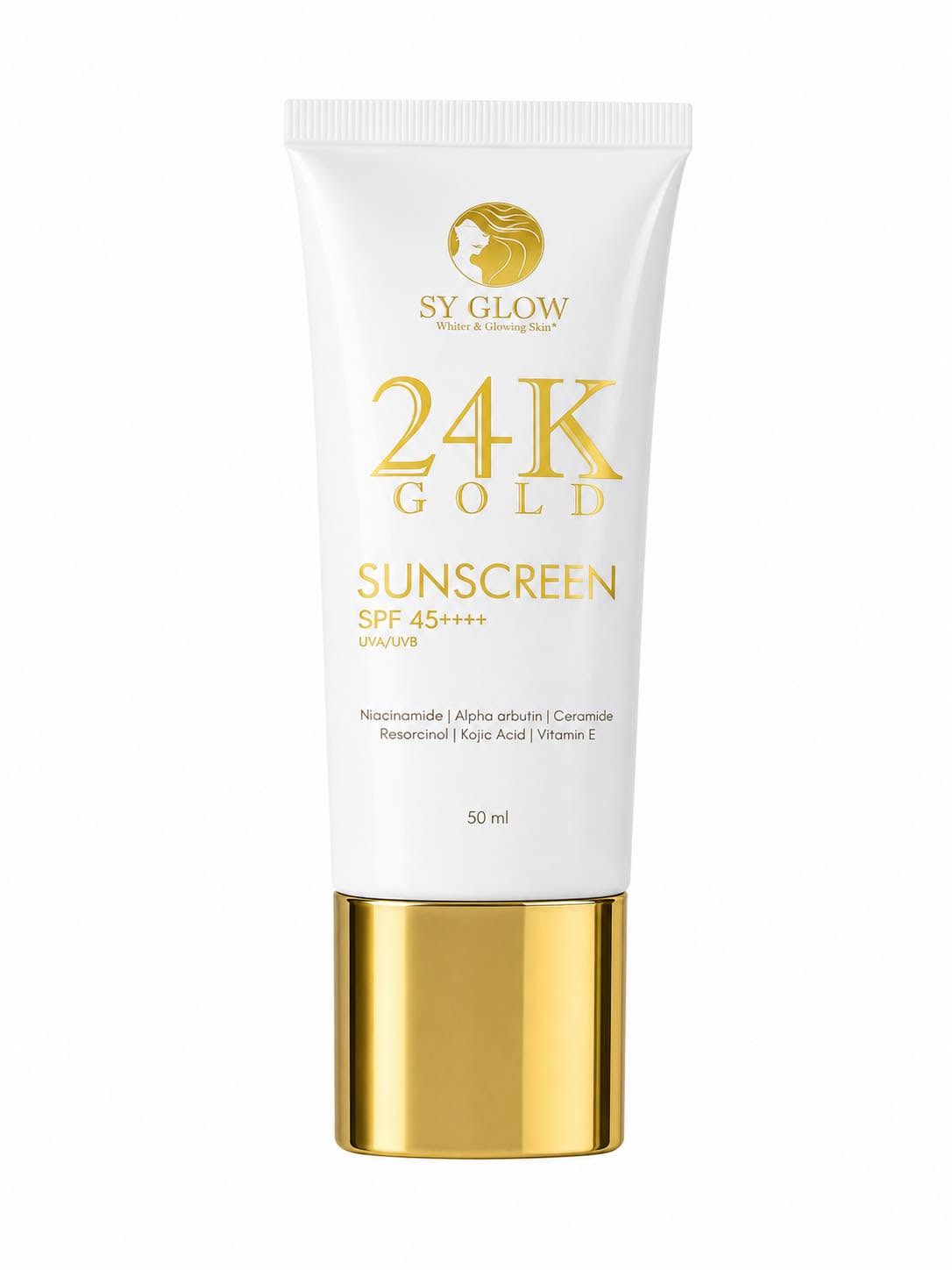A 50 ml squeeze tube of SY GLOW 24K Gold Sunscreen SPF 45+ on a solid white background. The tube is white with gold lettering and a shiny gold cap.