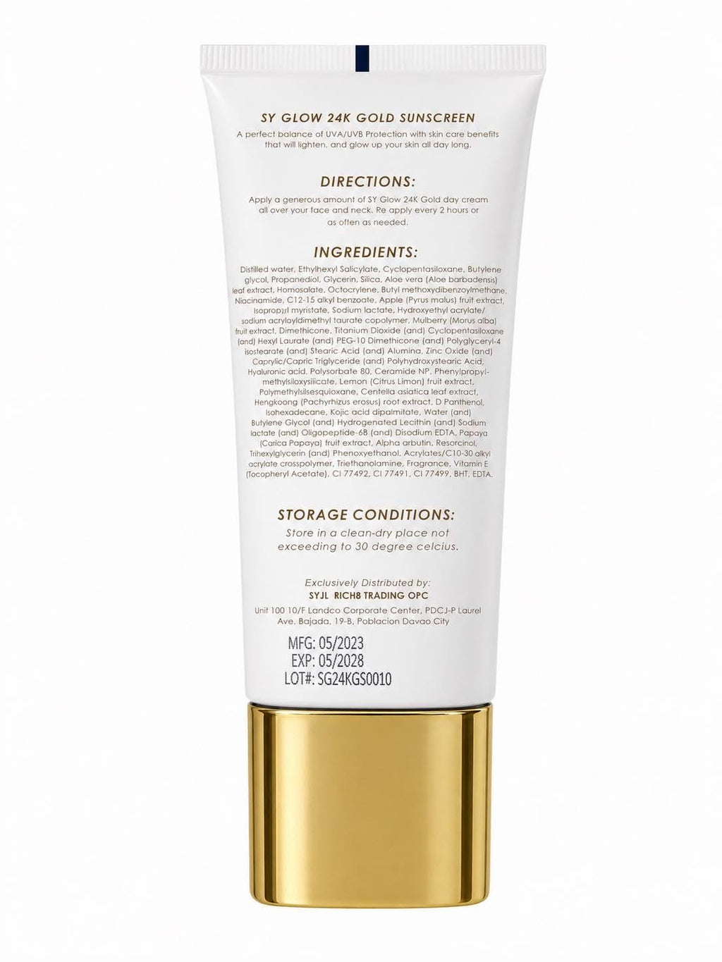 A white tube of 3Y Glow 24K Gold Sunscreen with a metallic gold cap, shown from the back on a clean white background.