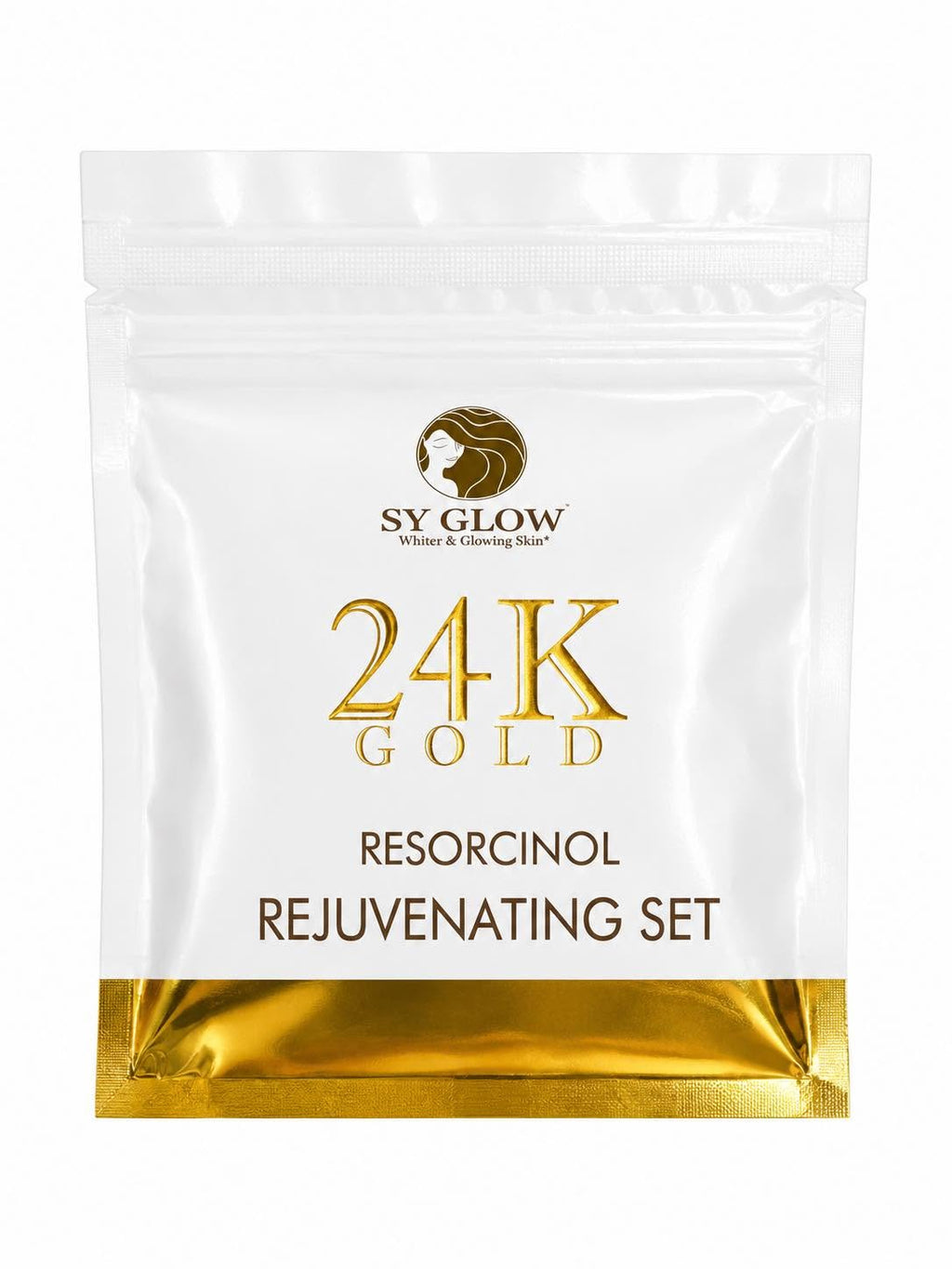 A white resealable stand-up pouch with gold foil accents and text reading 'SY GLOW 24K GOLD RESORCINOL REJUVENATING SET' on a plain white background.