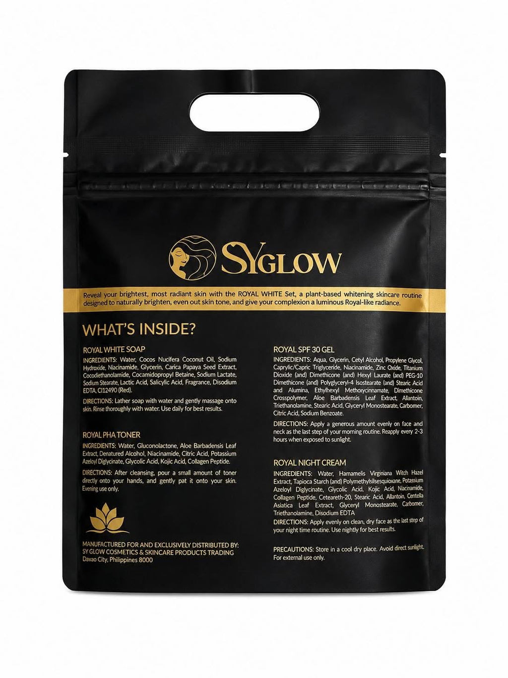 A black stand-up pouch package for SigGlow skincare, featuring a die-cut handle and printed product information including 'What's Inside?' and ingredient lists on the front.
