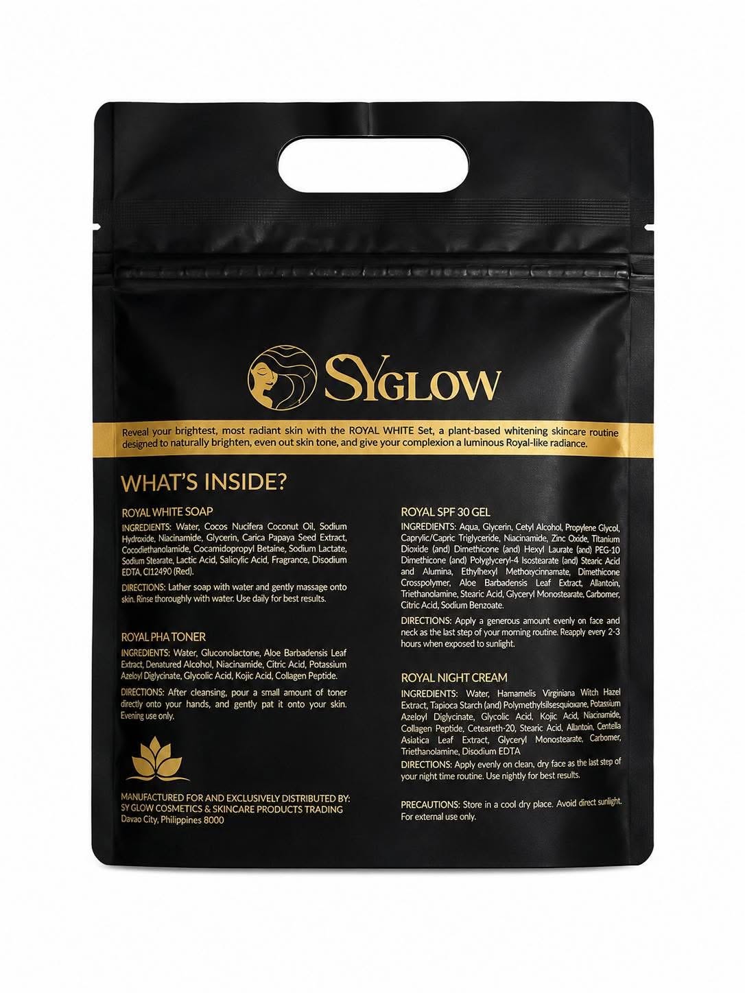 A black stand-up pouch package for SigGlow skincare, featuring a die-cut handle and printed product information including 'What's Inside?' and ingredient lists on the front.