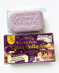 A bar of lavender-colored gluta collagen soap wrapped in clear plastic, placed above its purple and gold retail packaging box on a plain white background.