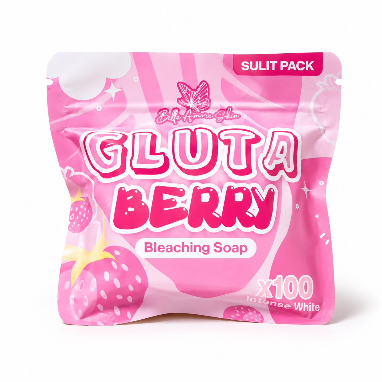 Bella Amore Skin Gluta Berry Radiance Soap bar, showcasing the white and pink packaging with fresh berry images for glowing skin.
