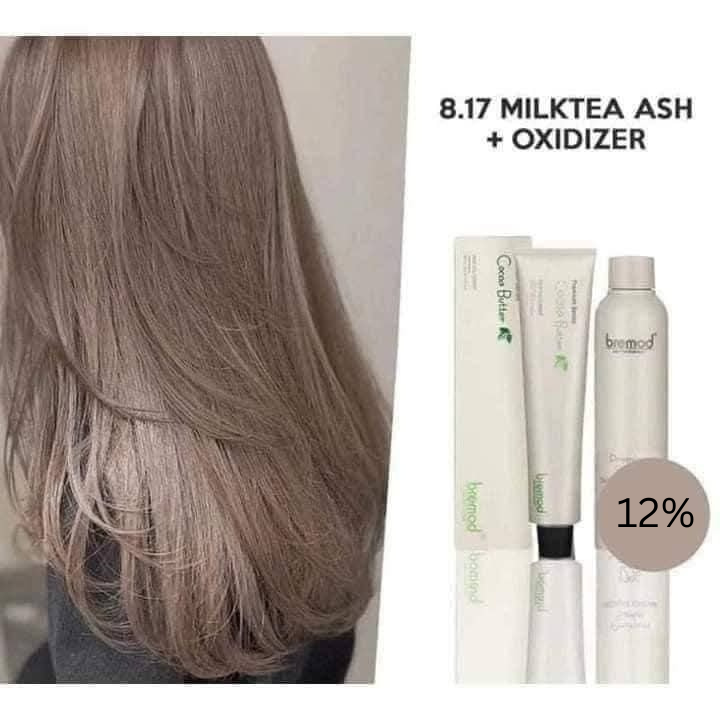 Bremod Milk Tea Ash hair dye kit with 100ml cocoa butter colorant and 12% oxidant cream for salon-quality hair coloring.