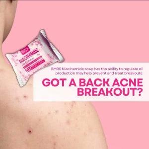 BMRS Niacinamide Radiance Soap bar with Vitamin B3, 70g, showing a white soap bar with packaging highlighting skin brightening benefits.