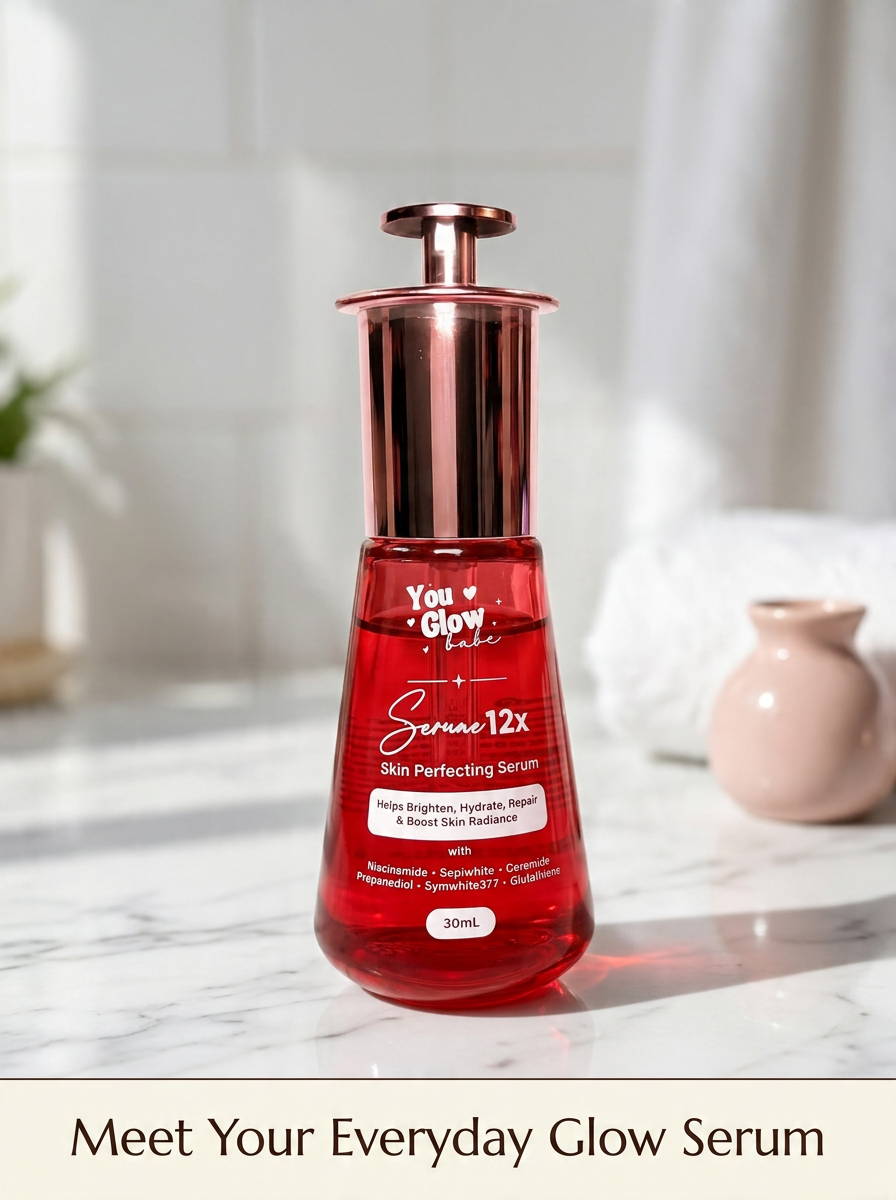A 200ml bottle of You Glow Skin Perfecting Serum with a metallic rose gold cap and red liquid, displayed on a marble countertop with a soft-focus bathroom background.