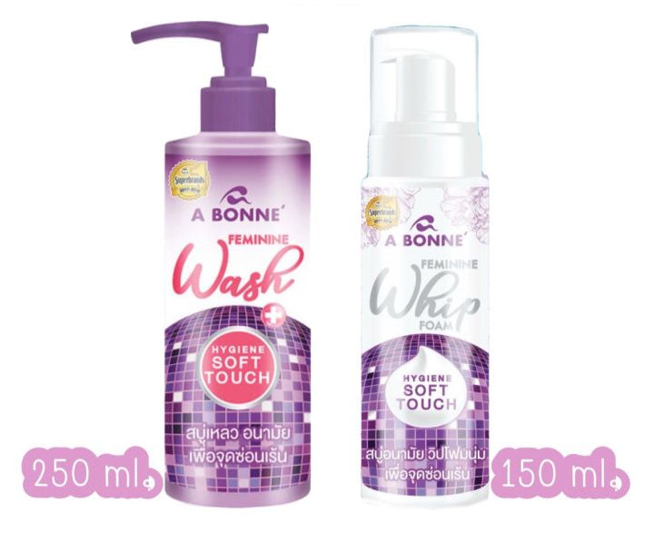 A Bonne feminine wash gel and foam for sensitive skin, shown in a clean, white bottle with a gentle, soothing appearance.
