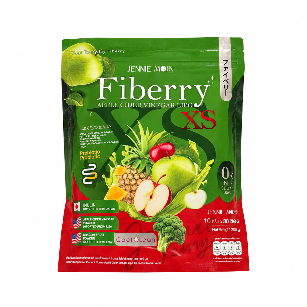A stand-up pouch of Fiberry XS Apple Cider Vinegar by Jennie Moon, featuring a green and red design with illustrations of fruits like apples, pineapple, and broccoli, and CertiOlean certification logos at the bottom.