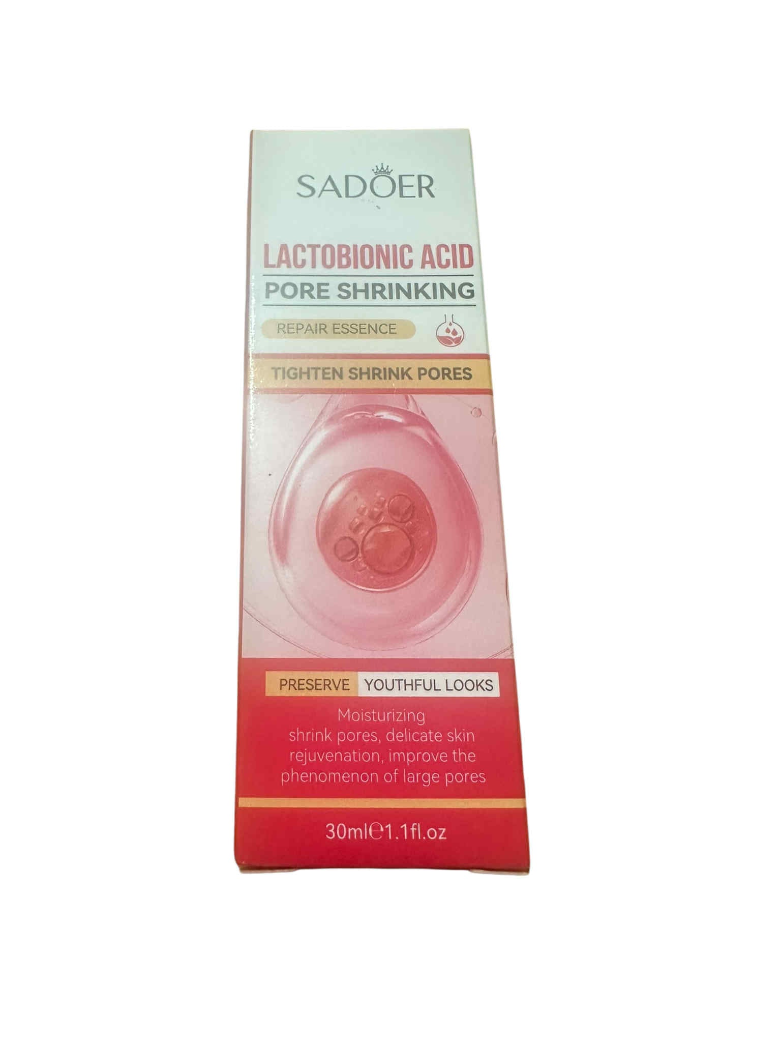 Sadoer Lactobionic Acid Pore Shrinking Serum Essence packaging on a white background